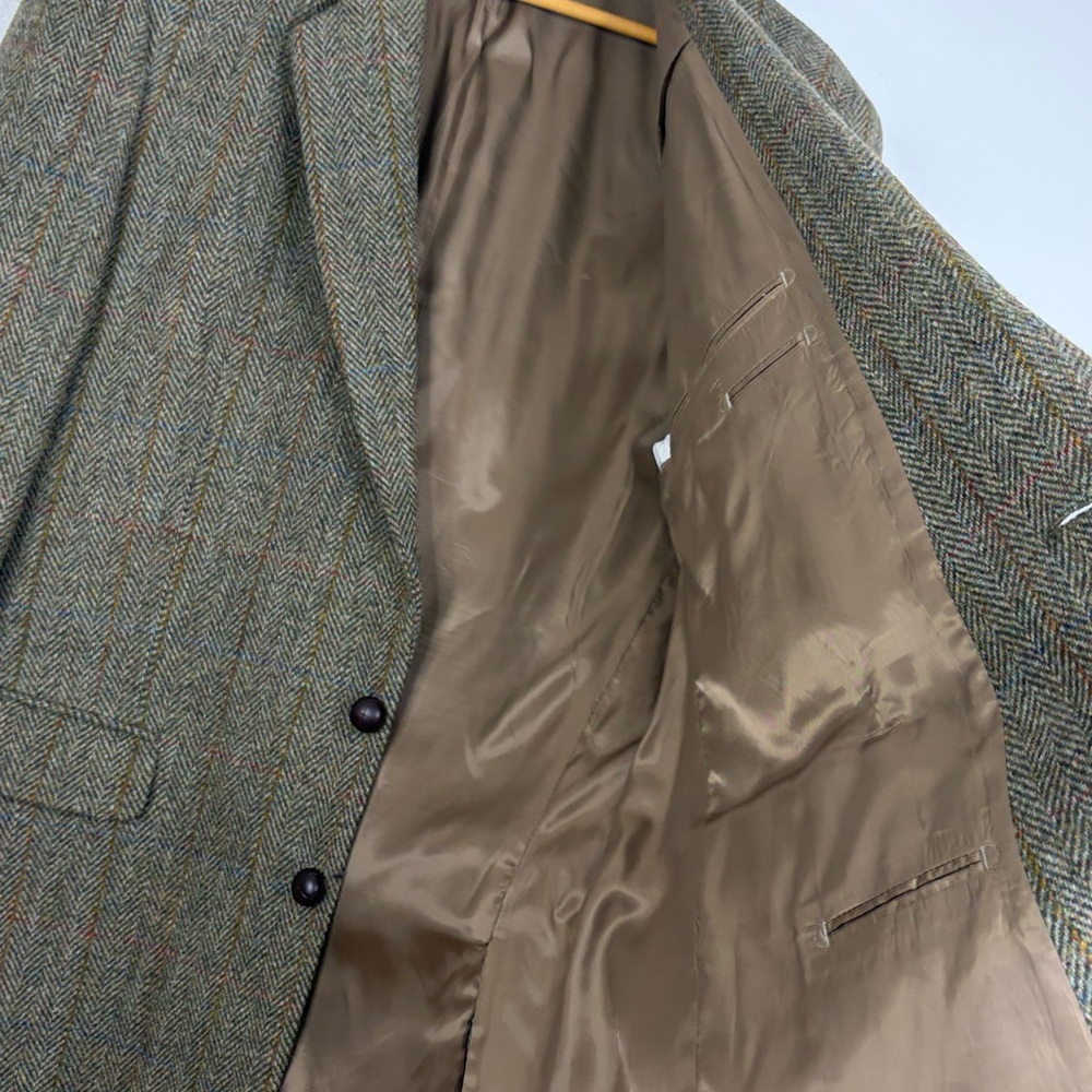Harris Tweed Sport Coat Men 44L Brown Taupe Wool Herringbone Blue Stripe Blazer - Picture 12 of 16